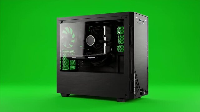 A sleek black computer tower with a glass side panel sits on a vibrant green background