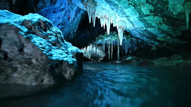 Glowing subterranean river flows through an illuminated cavern