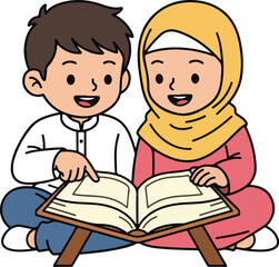 A Muslim boy and girl reading the Quran together in a colorful vector illustration. Perfect for educational materials, cultural resources, and religious studies.
