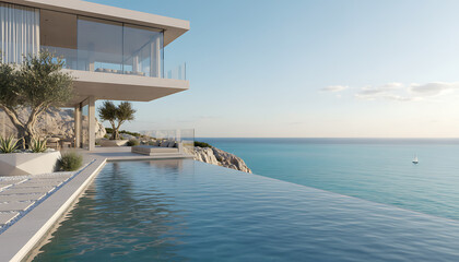 Fototapeta premium Stunning Modern Cliffside Villa with Infinity Pool and Ocean View.