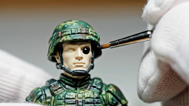 Macro shot of artist hand painting eye of miniature military soldier figurine in camouflage armor