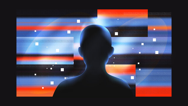 Human silhouette within layered digital environment