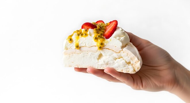 Hand holding Australian pavlova slice