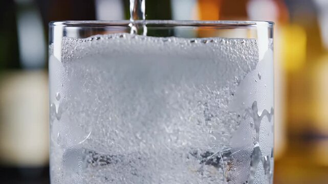 Sparkling water poured over ice cubes in a tall glass