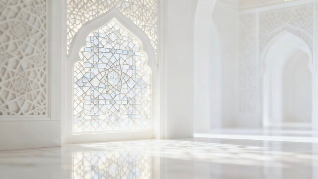 Elegant Islamic Geometric Shadow Pattern on White Minimal Background for Ramadan and Eid Design