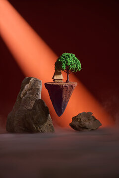 A surreal floating island with a house and tree amidst rocks