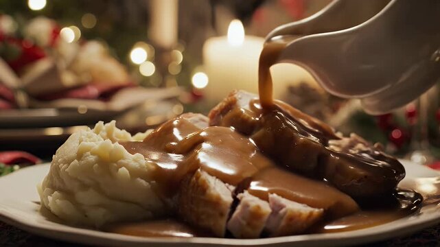 Thick gravy pours smoothly over a mound of mashed potatoes and turkey
