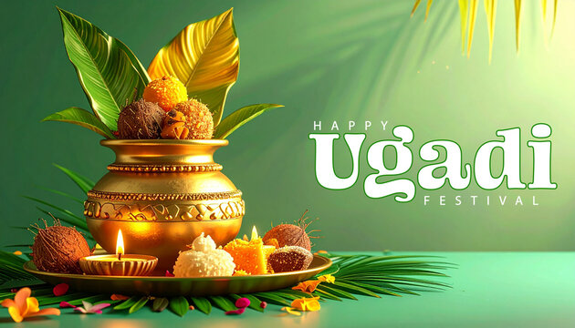 Ugadi New Year Poster Design with Decorated Kalash, Coconut and Traditional Indian Festive Elements