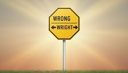 Obraz premium Yellow octagonal signpost displays the words WRONG above WRIGHT with opposing arrows set against a softly lit hazy sky and green grass choice decision direction dilemma crossroads