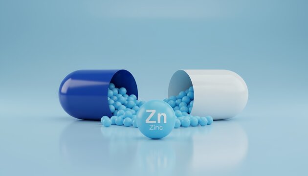 An open blue and white capsule spills small blue spheres and a single sphere labeled Zn and Zinc onto a reflective blue surface supplement medical health vitamin mineral small spheres
