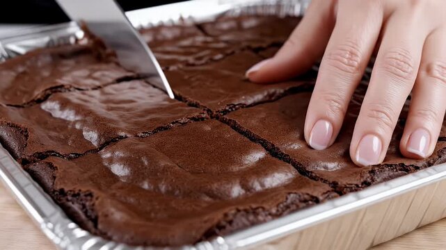 Hand cutting a rich chocolate brownie in a baking pan