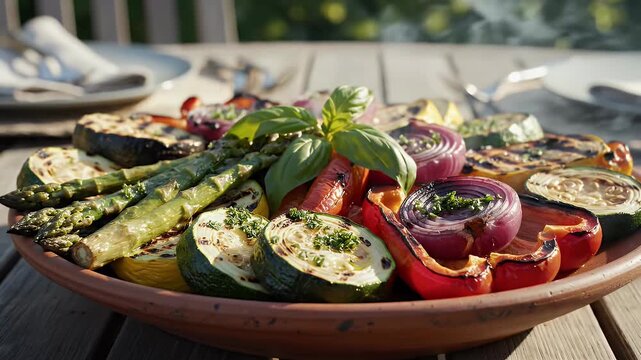 Grilled vegetables arranged on a platter outdoors