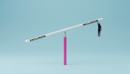A pink pencil balances a white bar with the words EXCLUSION and INCLUSION with a silhouette of a person reaching upwards on the inclusion side social issues inequality fairness