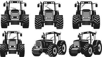 Agricultural tractor silhouette set featuring modern farming vehicles in front and angled views, rural machinery for agriculture, cultivation and farm equipment black vector illustration isolated © Shuda