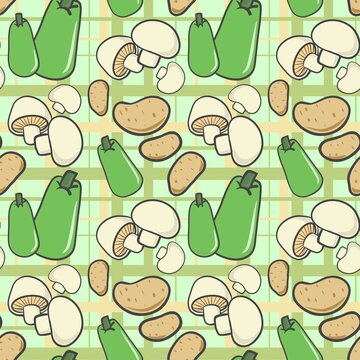 Seamless vegetable pattern with opo squash, white mushrooms, and potatoes on green checkered background