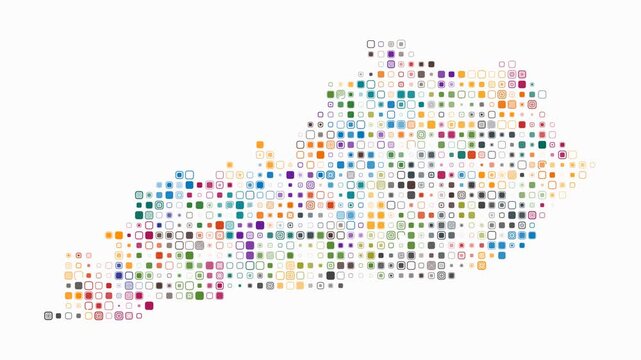 Kentucky animated shape. Pulsating colored dots on the map of the state. Small size rounded square blocks. Digital style Kentucky map on white background. Stylish animation video.