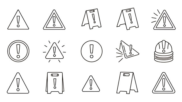 Collection of warning icons and hazard symbols in triangular signs.