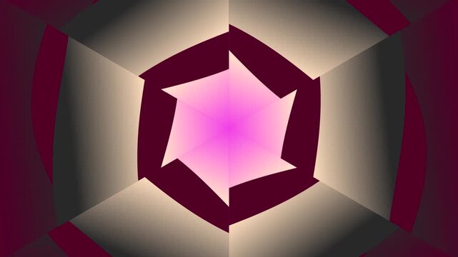 A vibrant abstract digital art piece with a glowing pink center and symmetrical pentagonal patterns in shades of maroon and beige.
