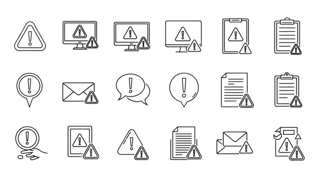 Set of line icons featuring envelopes, speech bubbles, lightbulbs, books and warnings in outline style.