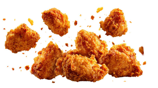 Crispy fried chicken pieces flying in the air on transparent background