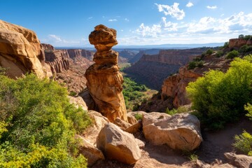 Vertical Natural Stone Formation Rising from Canyon in Vibrant Landscape Under Blue Sky