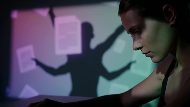 AI Workforce Integration illuminates a young woman deeply engrossed in her digital tasks, surrounded by the abstract, multi-armed shadows of innovation.