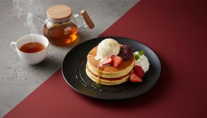 Sweet pancakes, hot tea on two-tone background.