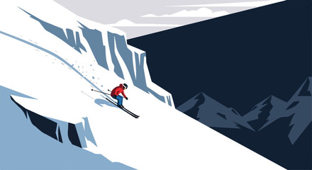 Illustration of a skier in red and blue skiing down a steep snowy mountain slope with a dramatic dark mountain range in the background.