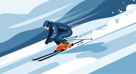Illustration of a skier in motion on a snowy slope with mountains in the background, wearing a blue suit and orange boots, captured in a dynamic, stylized graphic style with cool tones.