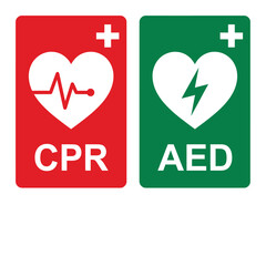 Medical signage displaying cpr and aed emergency symbols with white icons