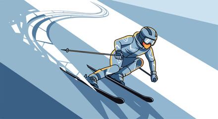 Illustration of a skier in a blue snowsuit speeding down a blue and white sloped ski track with motion trails.