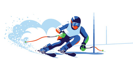 Illustration of a skier in motion, wearing blue and orange gear, turning with snow spraying, on a white background with blue lines.
