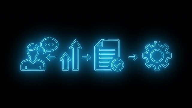 Neon-lit icons depicting business communication and workflow on a black background with blue glowing symbols.