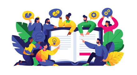 Illustration of diverse people gathered around an open book with lightbulbs, in a colorful and lively flat lay composition with a creative and educational mood.