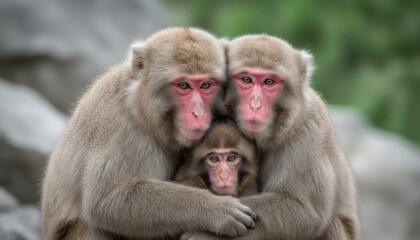 Obraz premium Japanese Snow Monkey Family Embracing Together