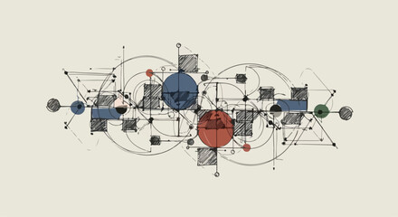 Geometric illustration of interconnected shapes and lines on a beige background with a technical and complex mood.