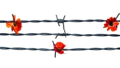 Vivid red flowers interwoven with strands of gray barbed wire against a clean white background
