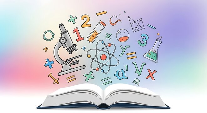 An open book, from which elements of science and math flow towards a colorful background