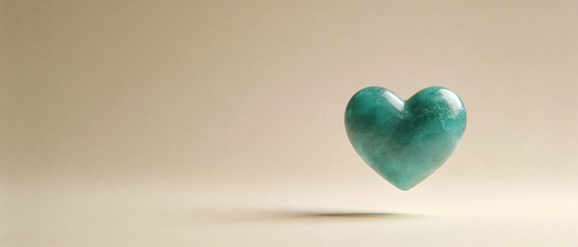 Floating green gemstone heart shape against a neutral background with soft shadow