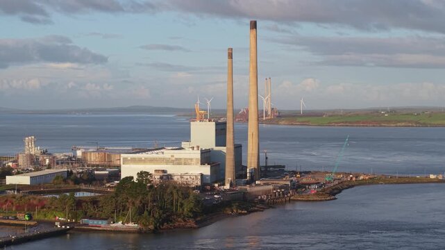 Tarbert Power Station On The Shannon Estuary In County Kerry, Ireland. - aerial shot