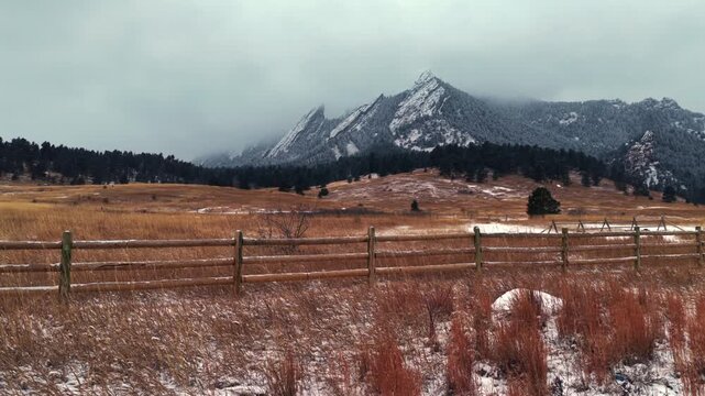 Chautauqua Park winter Flat Irons Mountain snowing snow flakes Boulder aerial drone Colorado USA dusk sunset low clouds grass snowy covered dusting Rock formation loop trail Bear Peak right movement