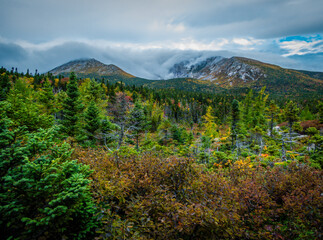 Obraz premium Chimney Pond trail hike at Baxter State Park, Maine, with peak fall foliage on an overcast cloudy day