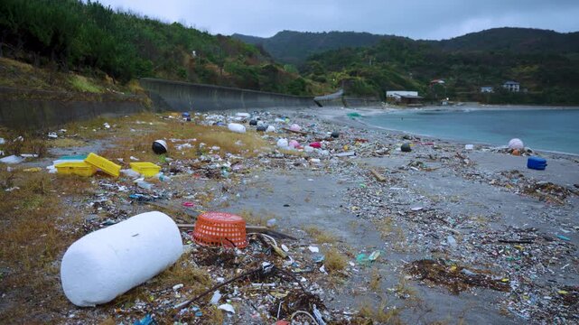 Ocean Plastic Refuse Washes up on Remote Oki Islands after Storm in Japan
