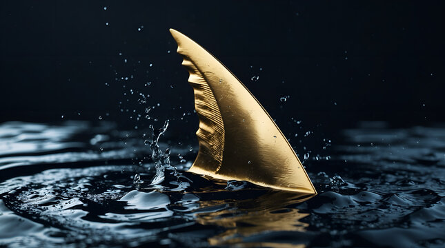 Gold shark fin rising from black liquid, business risk and market dominance concept with copy space