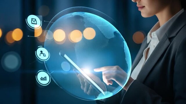 Digital Insight: A modern professional engages with an interactive digital interface, symbolizing the fusion of technology and business strategy. Focus on data, networking, and innovation