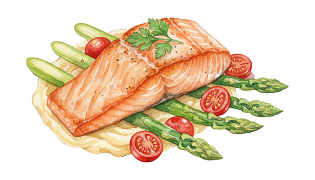 Delicious Cooked Salmon Fillet Served with Fresh Green Asparagus and Red Tomatoes in Watercolor Style