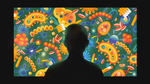 Human silhouette observing colorful microbiology pattern