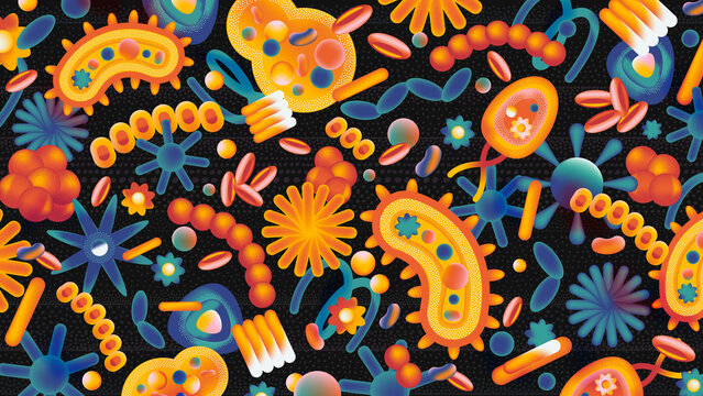 Colorful abstract microorganisms pattern on dark background