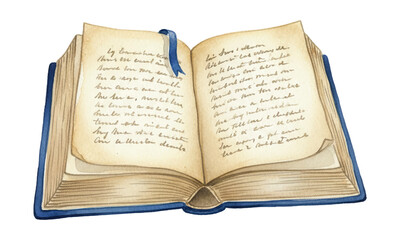 Obraz premium Detailed Watercolor Illustration of an Open Antique Book with Blue Cover and Blue Ribbon Bookmark and Handwritten Text