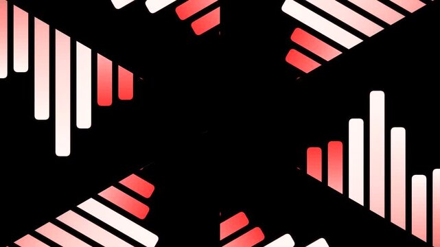 Abstract geometric pattern with red and white gradient bars on a black background, creating a dynamic visual effect.